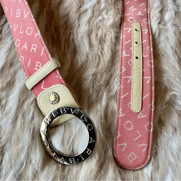 Bvlgari Pink Logo Print Canvas Logo Buckle Belt display picture 1